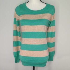 Sag Harbor Women's Tan & Green Striped Tight Knit Sweater | Size S | NWT